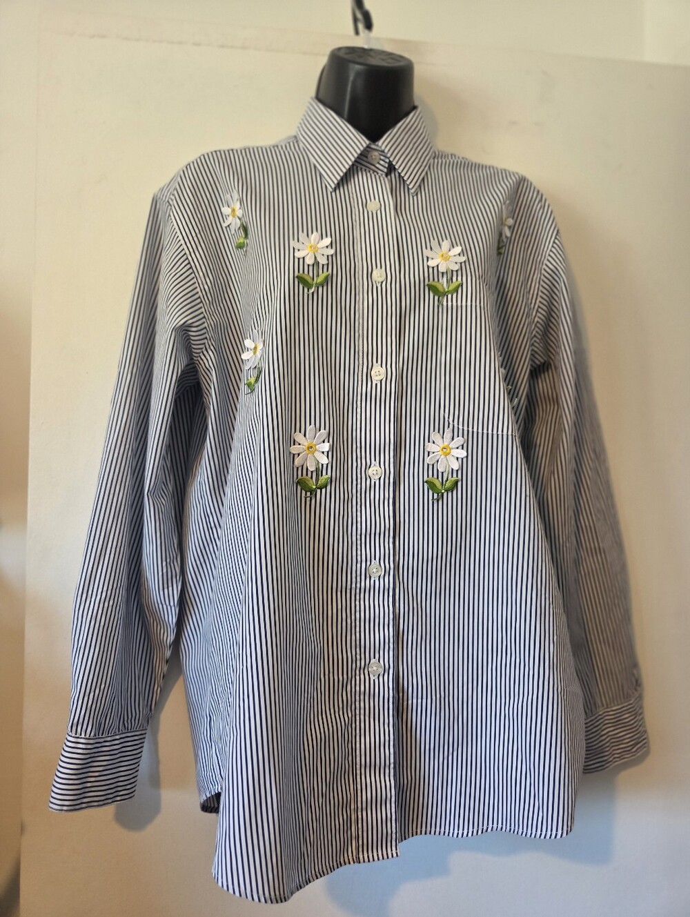 Las Olas Cottagecore Striped Blue & White Floral Embroidered Shirt